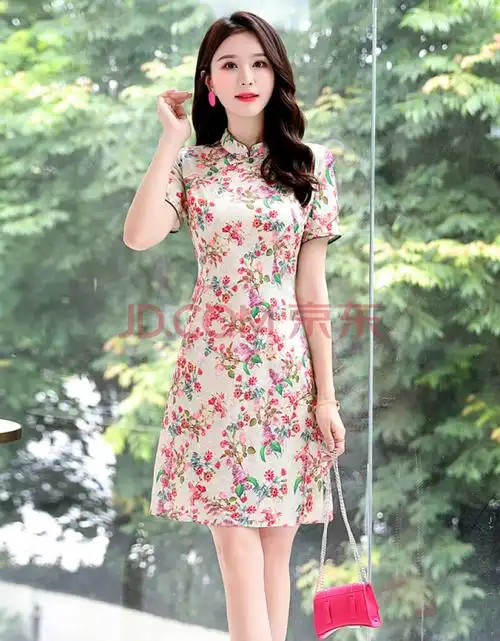 仿真丝连衣裙2021夏季新款女中长款短袖复古印花修身改良旗袍裙子