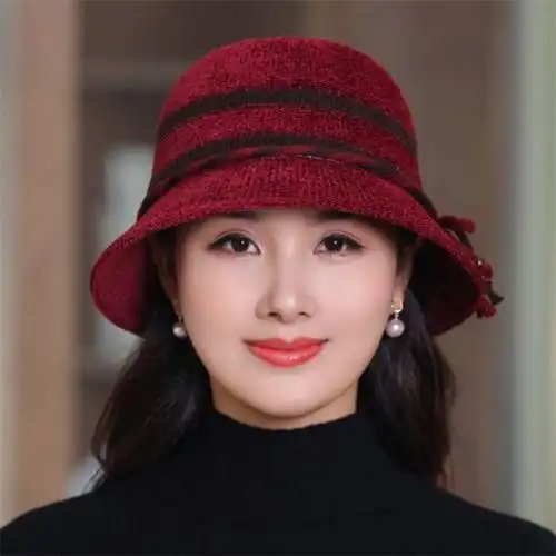 秋冬季渔夫帽子女士时尚毛呢防风寒盆帽户外中老年人妈妈遮阳帽潮