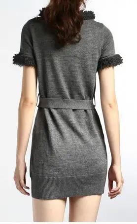 服装加工 灰色甜美毛边装饰短袖修身女式长款针织衫