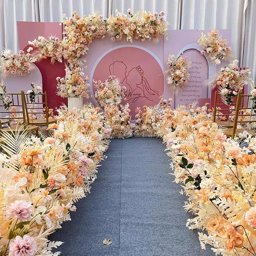 香槟色婚庆花艺仿真花婚礼布置排花路引花背景舞台迎宾区装饰假花