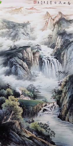 精品梁海波彩墨中堂山水画高山流水聚宝盆高档字画作品小六尺手绘