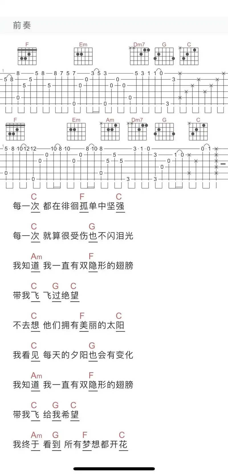 隐形的翅膀吉他弹奏简谱