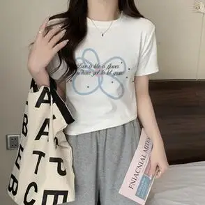 上衣服 t恤女字母印花原宿风圆领设计感修身 短款 夏装 - 女装/女士