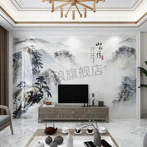 壁布电视背景墙山水画3d新中式电视背景墙壁纸防大理石山水墙布客厅