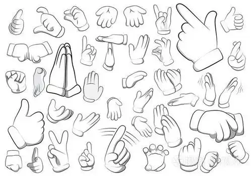 带有许多手势的卡通手的矢量集.白色背景上孤立的大集合.