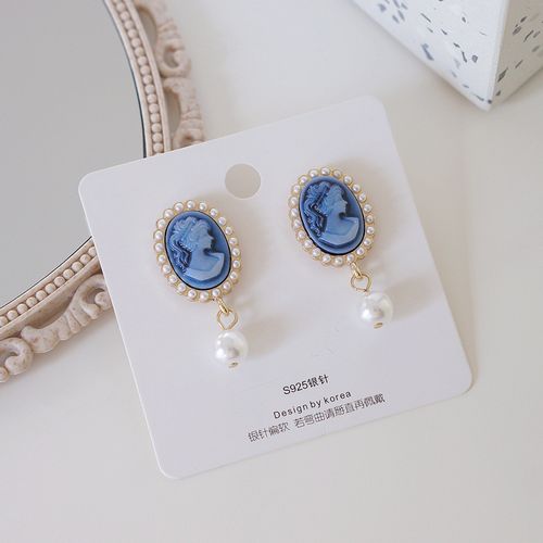 法式复古宫廷风美人头像珍珠巴洛克耳环蓝色椭圆耳钉耳夹耳饰女