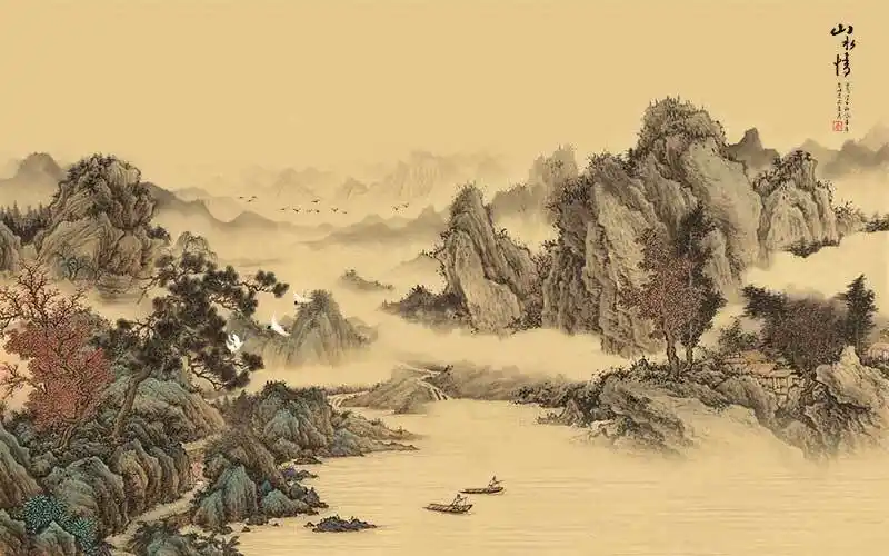 壁画_背景墙_xt92103中式水墨山水渔船云海江河仙鹤山水情_壁画图库