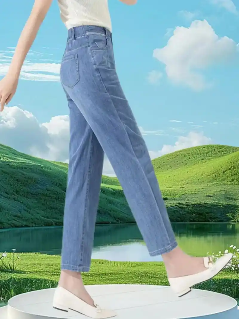 天丝牛仔裤女夏季薄款宽松裤子冰丝九分裤