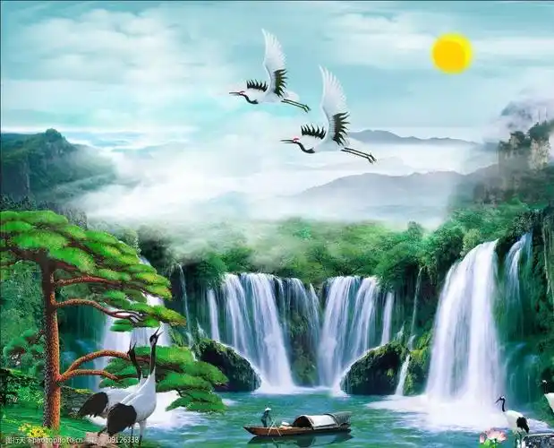 关键词:流水生财 风景图 山水 瀑布 迎客松 白鹤 太阳 云雾 渔舟 自然