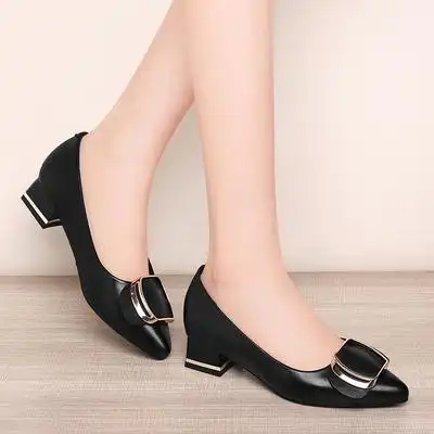 莱卡金顿头层牛皮真皮单鞋女粗跟低跟小皮鞋女浅口尖头女鞋子7149