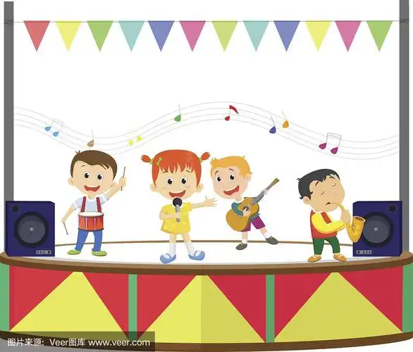 一个快乐的孩子在舞台上演奏音乐的插图