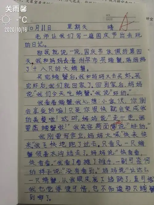 10.16三年级四班优秀日记