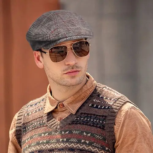 帽子英伦大头鸭舌帽秋冬羊毛格纹复古前进帽男帽子