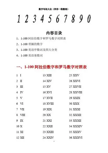 内容目录 1,1-100阿拉伯数字和罗马数字对照表 2,1-100带圈的数字 3,