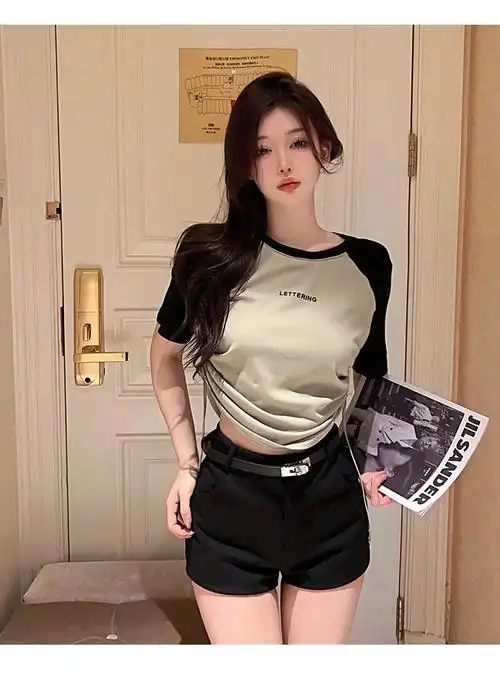 【实拍】抽绳撞色圆领辣妹上衣个性女装新款打底修身春夏季短袖t恤