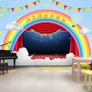 口才教室墙纸卡通彩虹舞台小主持人演讲背景墙学校幼儿园壁纸装修