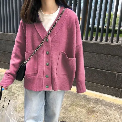 韩国东大门树莓色梅子色玫粉色毛衣开衫外套外搭针织衫显白上衣女