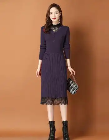 冬季新款女士毛衣裙子针织连衣裙女秋2021长款过膝修身的洋气显瘦打底