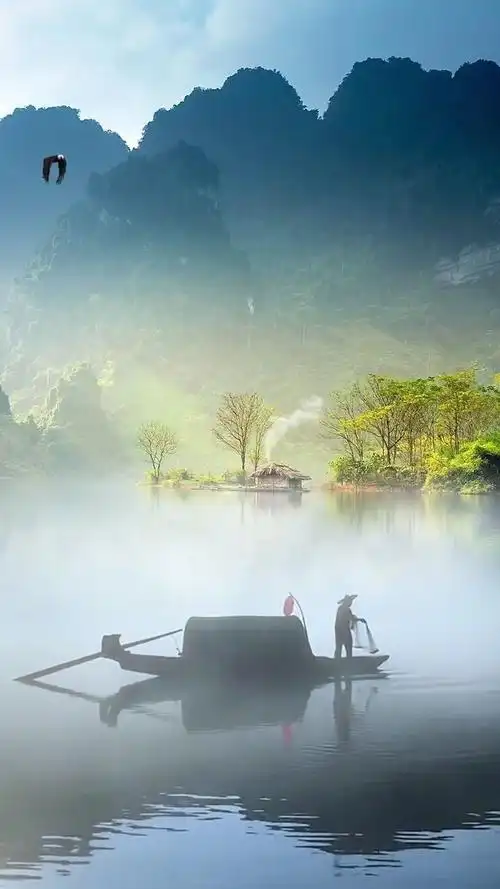 一山一水一云天一舟一屋一炊烟渔翁本是凡间客此时已是画中仙