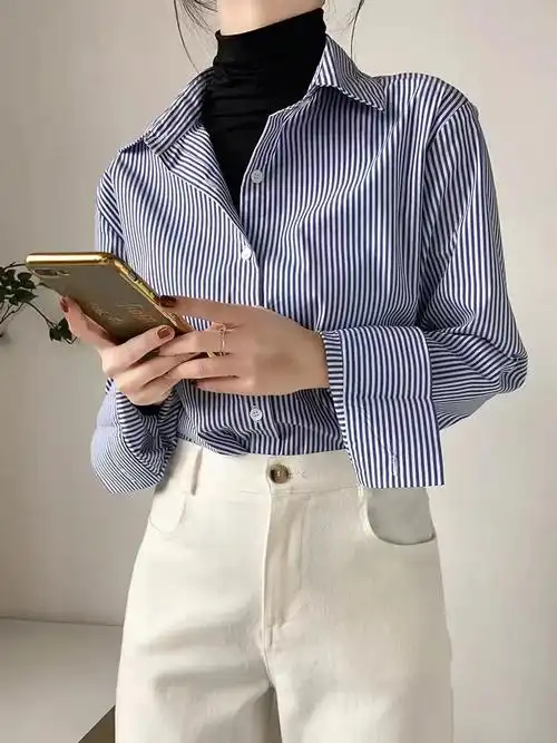 achu蓝色条纹衬衫女蓝白竖条纹衬衣设计感小众叠穿上衣春季女装