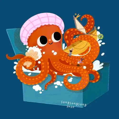 蓝色多脑盒里装了一只超级大章鱼|插画|创作习作|是宋宋宋啊 - 原创