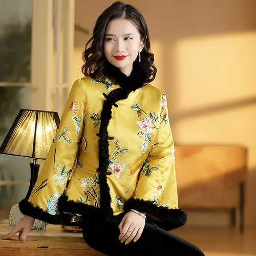 黄缎面印花拼毛上衣女立领夹棉毛边唐装女复古冬新款国风女装