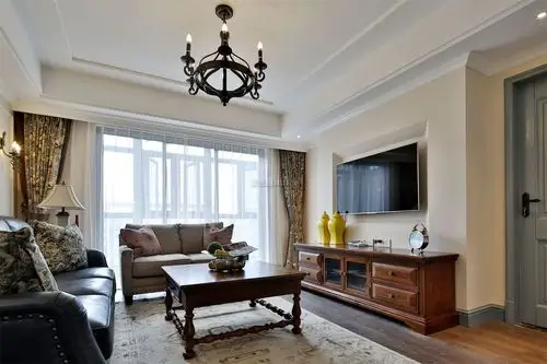 90平米简约美式风格三居客厅实木电视柜装修图片_装修123效果图