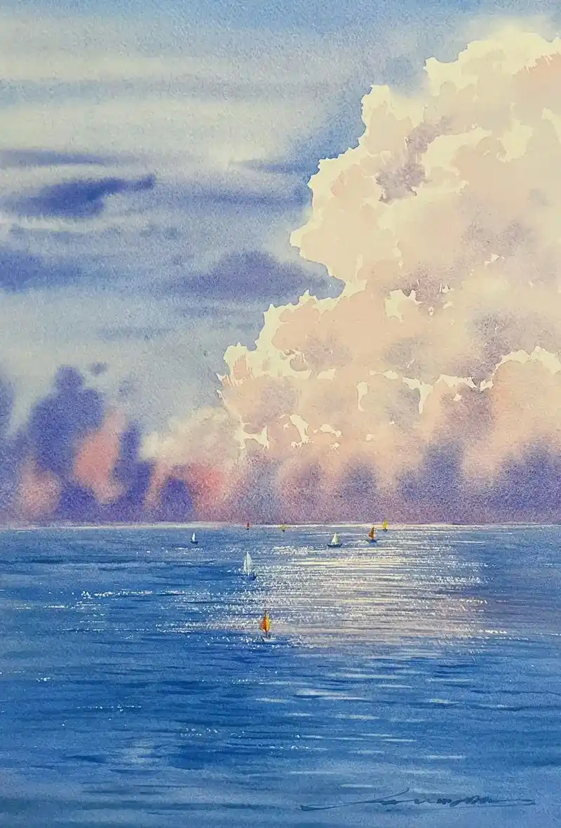 仲夏潋滟#唯美意境 #治愈系风景 #大海 #云#水彩 - 抖音