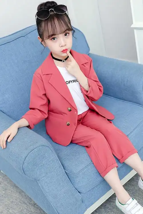 女童西服套装2019春秋装新款韩版中大儿童洋气女孩西装两件套