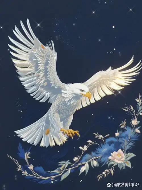 一幅栩栩如生的刺绣画卷上,一只大鹏鸟展翅高飞,身姿矫健.