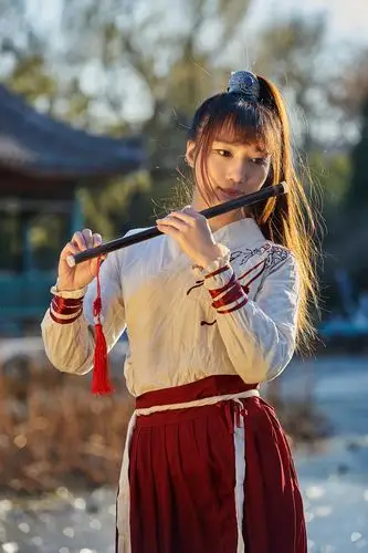 竹笛,长发与古装美女