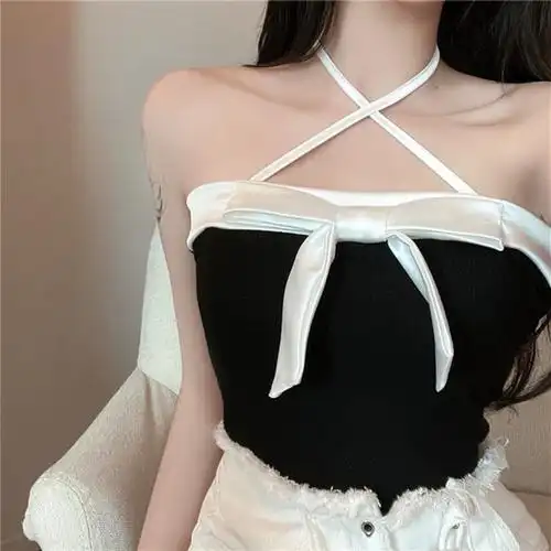 蝴蝶结挂脖小吊带背心女夏季抹胸外穿短款冰丝针织内搭打底衫上衣