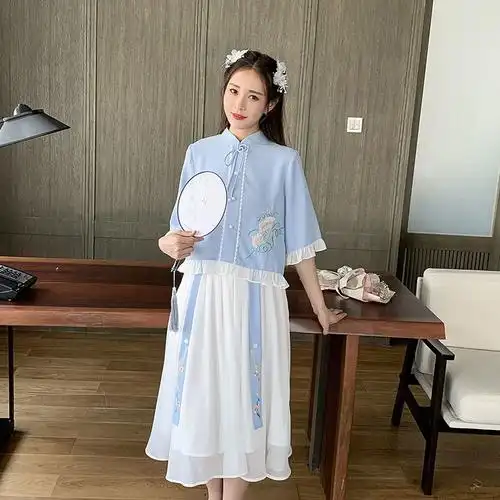 汉服女衣服学生古装长款中国风唐装民族风裙旗袍改良版仙女裙套装威珺