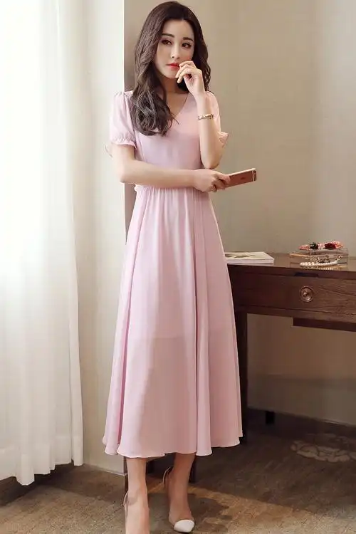 v领纯色雪纺连衣裙2017年夏季短袖中长款x型束腰