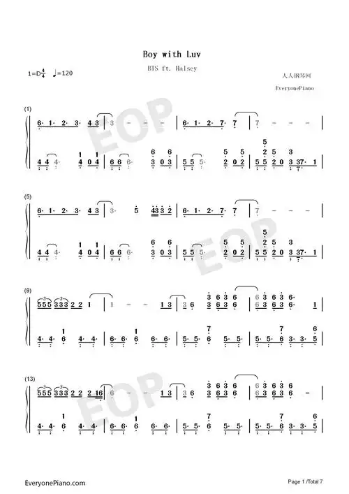 boy with luv-bts和halsey-钢琴谱文件(五线谱,双手简谱,数字谱,midi