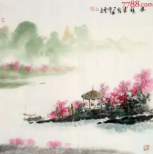 云天手绘真迹四尺斗方古意水墨画写意桃花山水画春韵清影