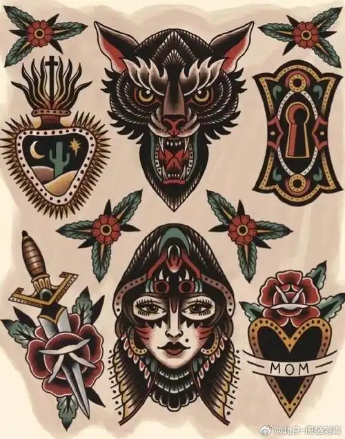 今日纹身图案分享oldschool拼接纹身素材分享#纹身分享##纹身设计