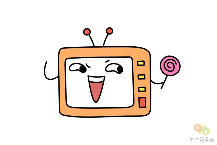 创意生活用品简笔画吃棒棒糖的电视