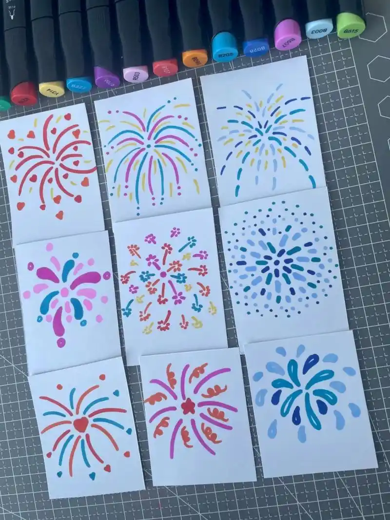 今天和大家分享烟花元素简笔画的多种画法可以在节日的时候制作一张