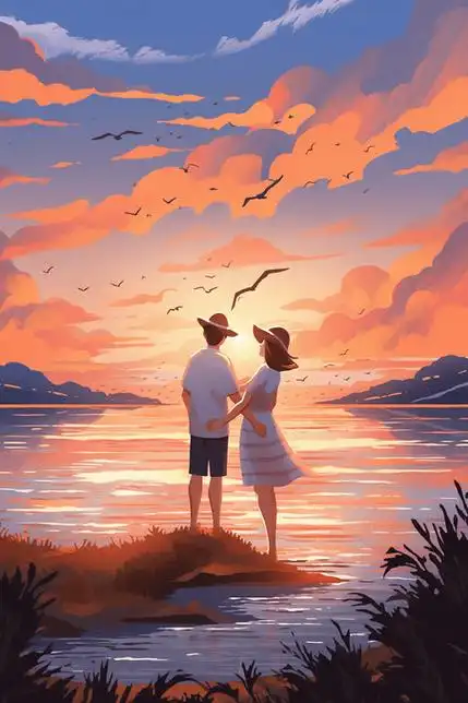 创意情人节夕阳落日大海约会手绘海边情侣插画