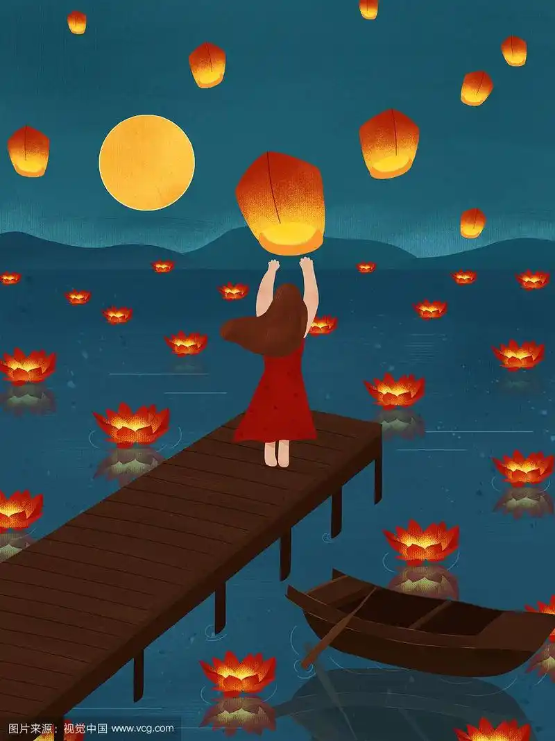 中国传统节日中元节夜晚放河灯插画