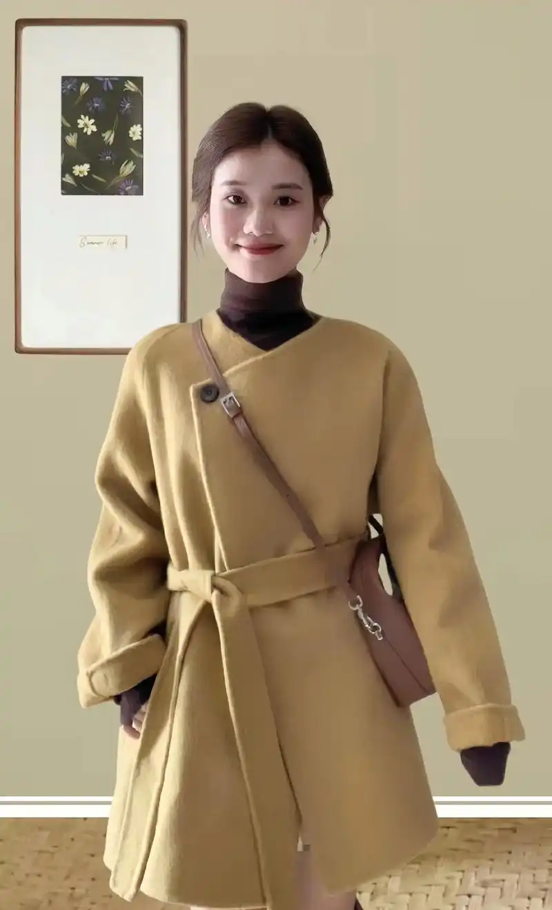 韩系高级感收腰气质毛呢大衣外套