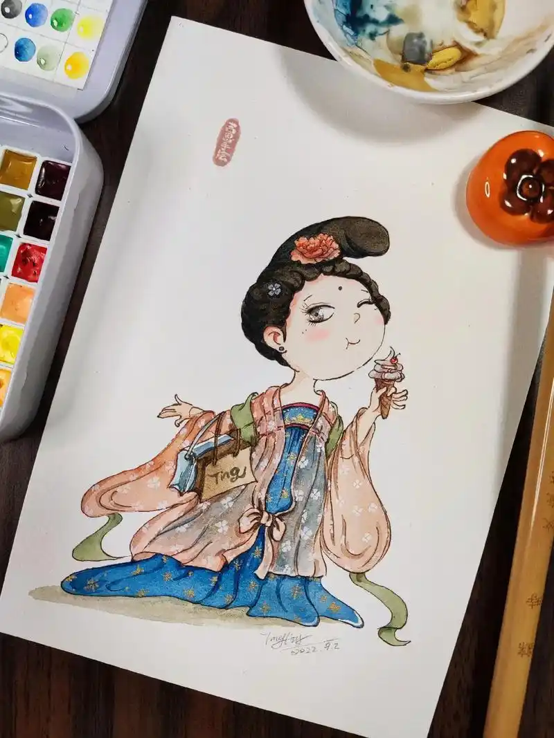 水彩9015古风人物贵妃吃冰淇淋90附步骤.