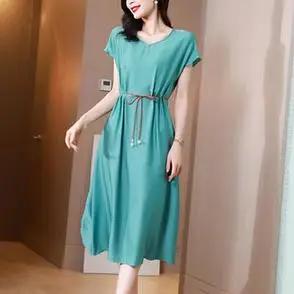 真丝连衣裙2021夏新款 v领系z带收腰显瘦神气ti质桑蚕丝裙子 - 女装