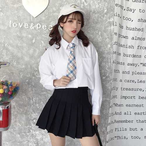 【送领带 两件套】秋新款chic宽松港味长袖衬衫 百褶裙学生套装女