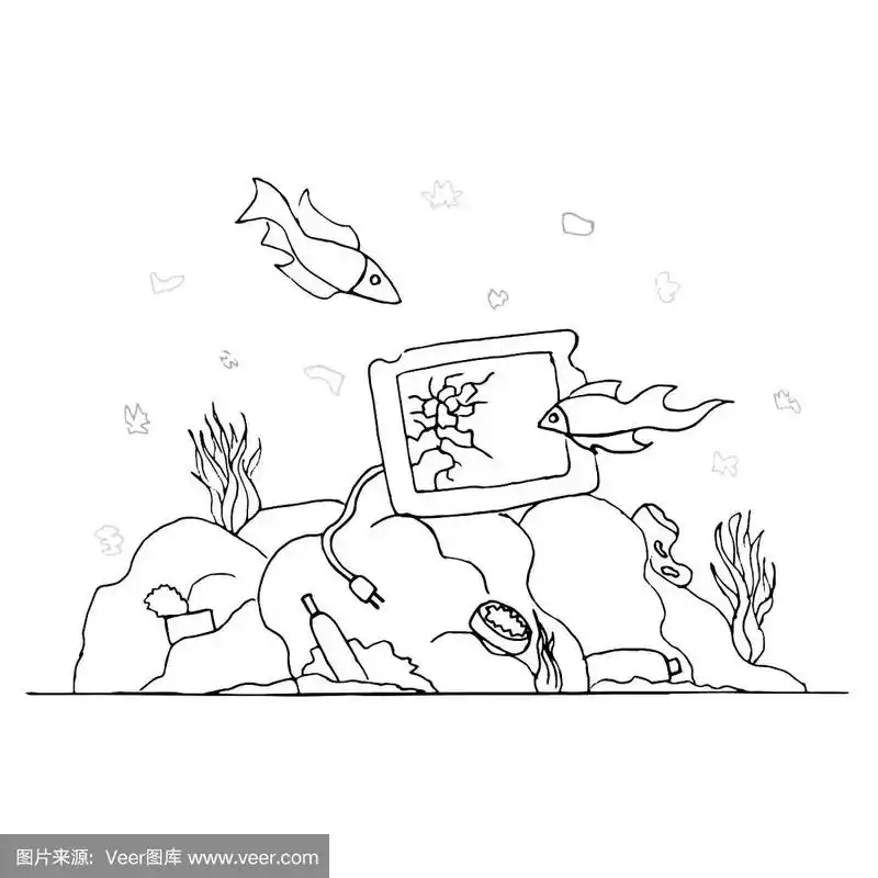 海底的垃圾.经过破电视鱼游.环境保护."零浪费".生态问题.线性艺术.