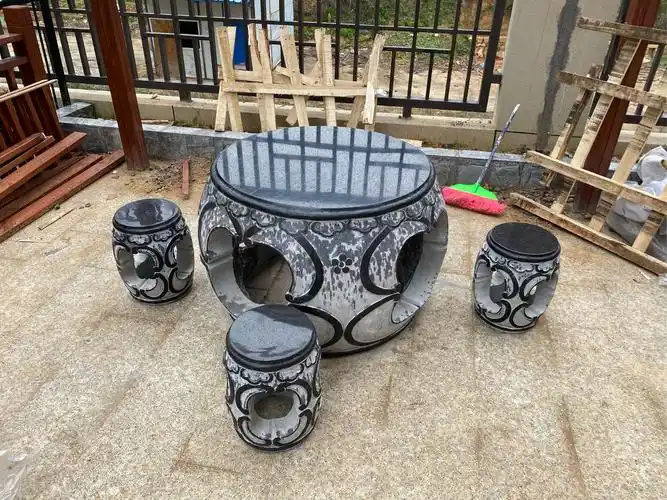 石桌石凳庭院花园一套仿古户外家用精雕天然石头桌子一体茶台桌椅