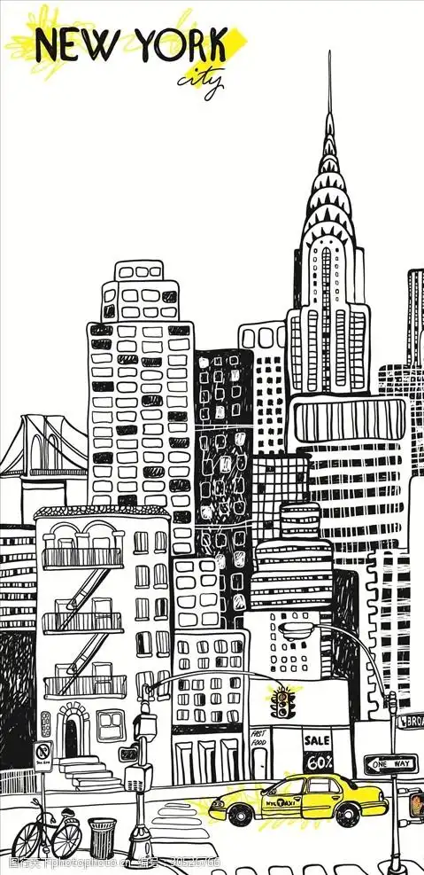 手绘线描速写纽约市矢量图