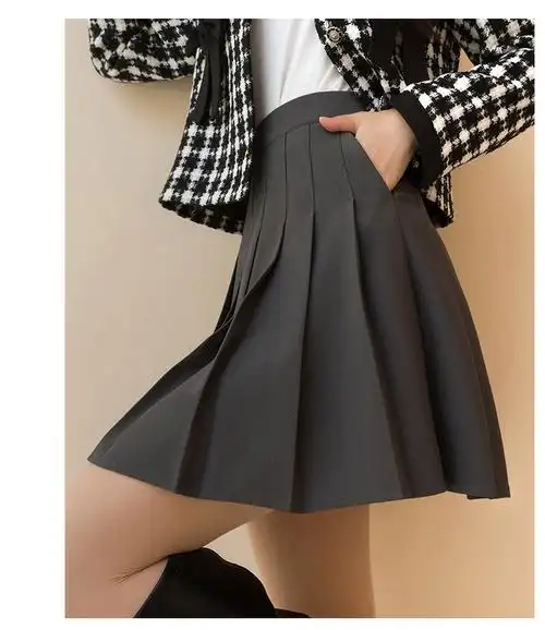 毛呢口袋款式百褶裙卡其色裙子女半身裙短裙秋冬高腰学生a字裙 - 17网