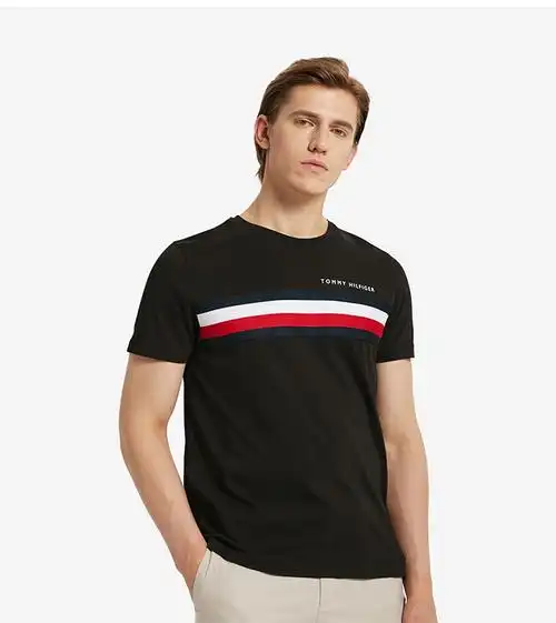 tommy 男装潮流时尚纯棉品牌标识印花撞色条纹圆领短袖t恤14337 白色